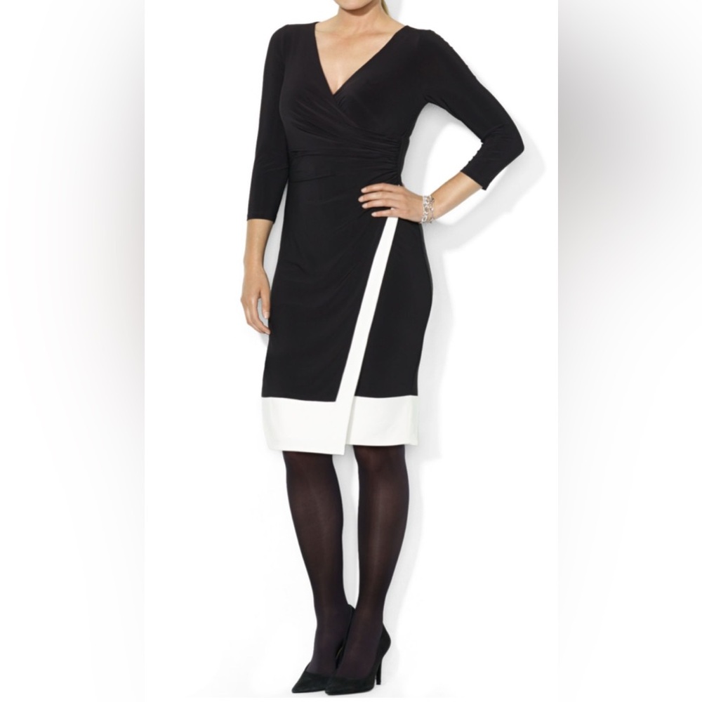 LAUREN Ralph Lauren Black White Colorblock Ruched Wrap Dress 8 NWT